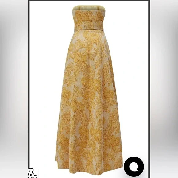 Yellow jacquard strapless gown